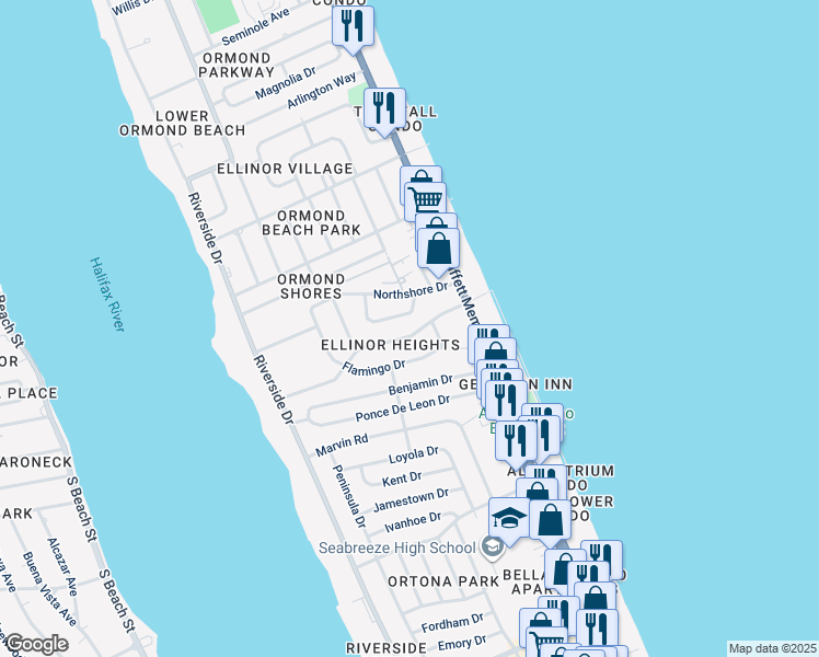 map of restaurants, bars, coffee shops, grocery stores, and more near 172 Cardinal Drive in Ormond Beach