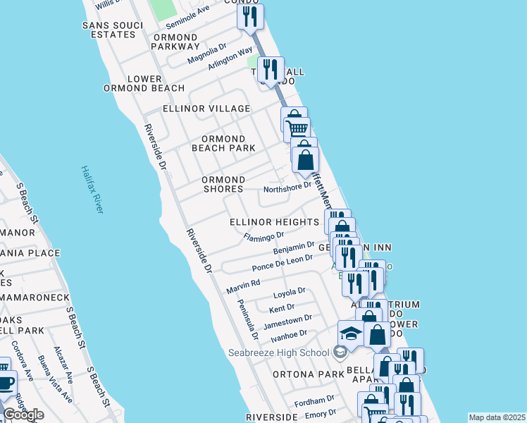 map of restaurants, bars, coffee shops, grocery stores, and more near 123 Cardinal Drive in Ormond Beach
