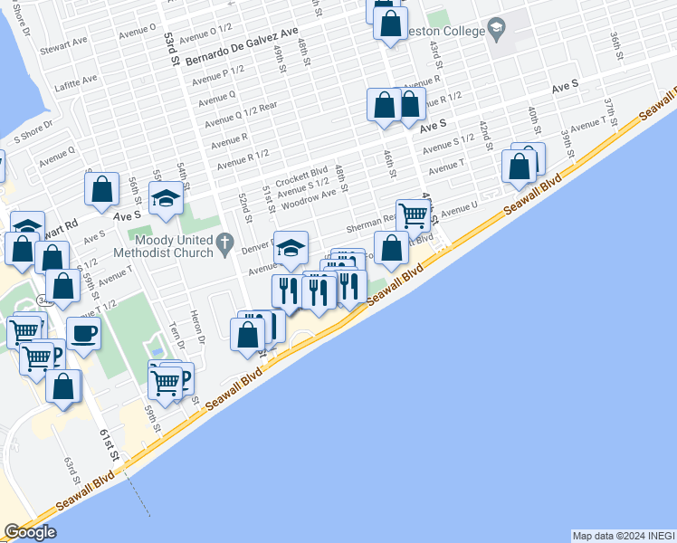map of restaurants, bars, coffee shops, grocery stores, and more near 5 Fort Crockett Boulevard in Galveston