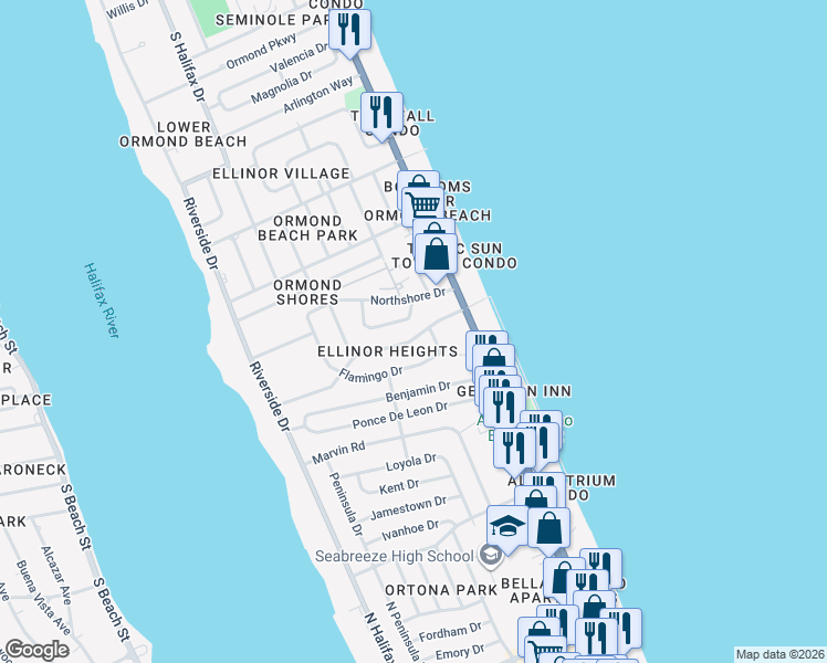map of restaurants, bars, coffee shops, grocery stores, and more near 787 Flamingo Drive in Ormond Beach