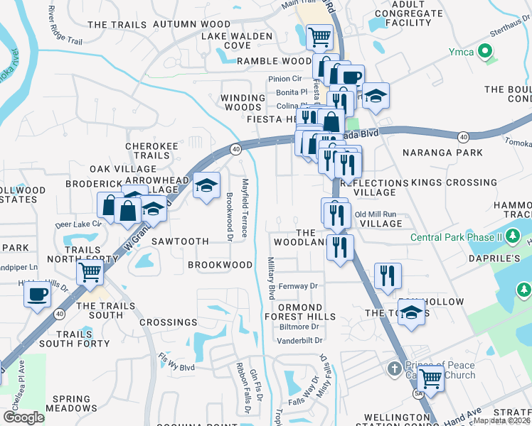 map of restaurants, bars, coffee shops, grocery stores, and more near 56 Woodlands Boulevard in Ormond Beach
