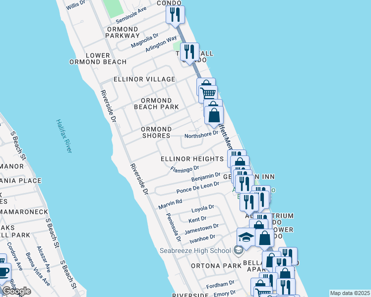 map of restaurants, bars, coffee shops, grocery stores, and more near 7 Oriole Circle in Ormond Beach