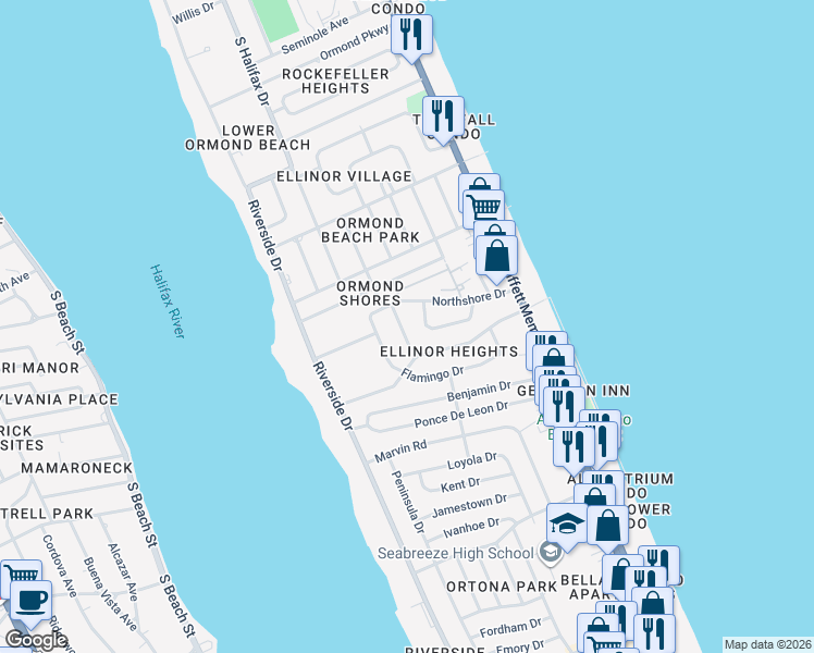 map of restaurants, bars, coffee shops, grocery stores, and more near 156 Northshore Drive in Ormond Beach