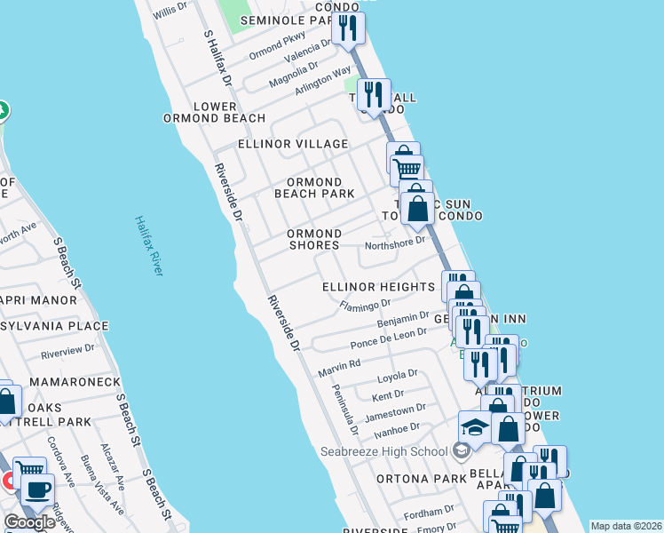 map of restaurants, bars, coffee shops, grocery stores, and more near 95 Northshore Drive in Ormond Beach