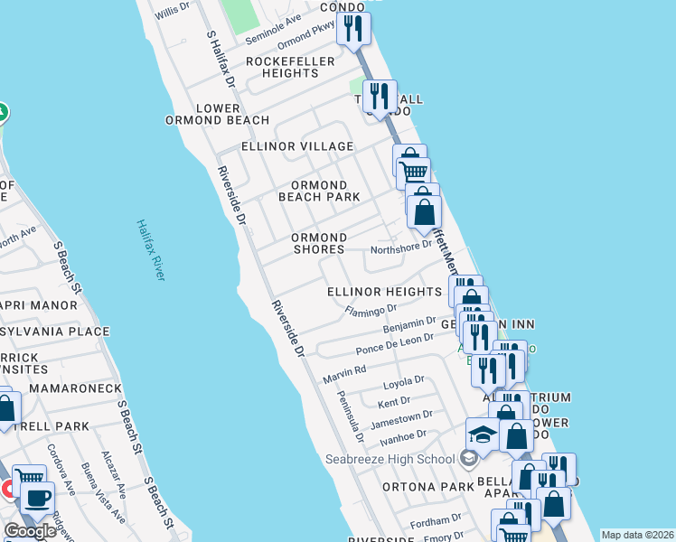 map of restaurants, bars, coffee shops, grocery stores, and more near 95 Northshore Drive in Ormond Beach
