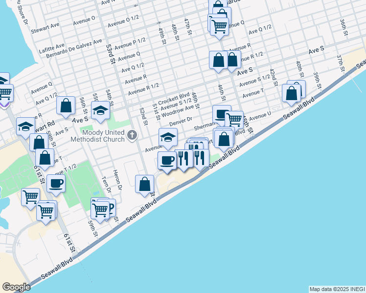 map of restaurants, bars, coffee shops, grocery stores, and more near 4819 Sherman Boulevard in Galveston