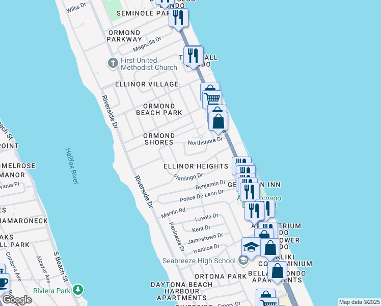 map of restaurants, bars, coffee shops, grocery stores, and more near 11 Oriole Circle in Ormond Beach