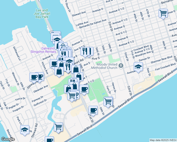map of restaurants, bars, coffee shops, grocery stores, and more near 5807 Avenue S in Galveston