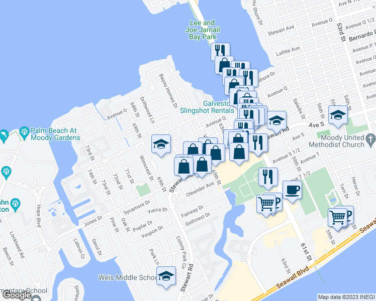 map of restaurants, bars, coffee shops, grocery stores, and more near 6601 Sidney Street in Galveston