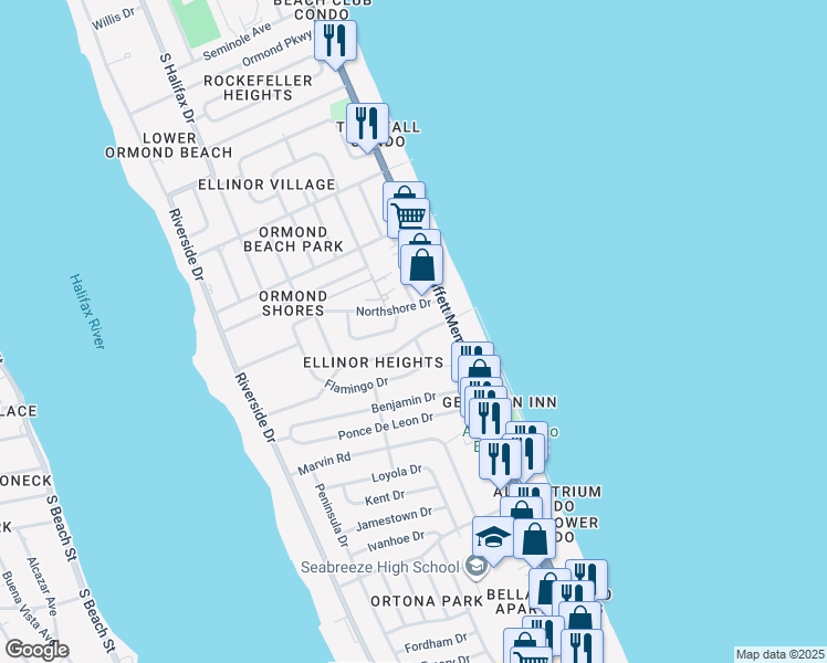 map of restaurants, bars, coffee shops, grocery stores, and more near 231 Cardinal Drive in Ormond Beach