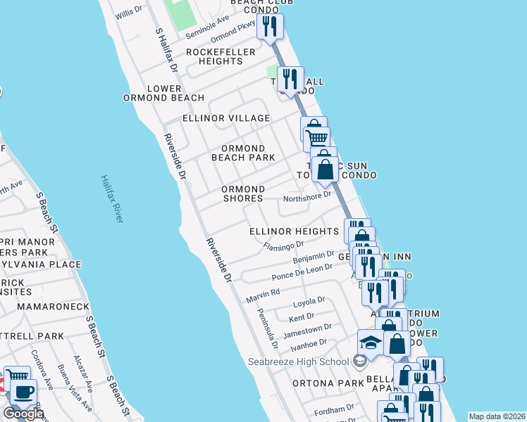 map of restaurants, bars, coffee shops, grocery stores, and more near 156 Northshore Drive in Ormond Beach