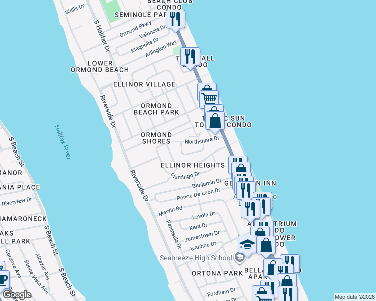 map of restaurants, bars, coffee shops, grocery stores, and more near 202 Northshore Drive in Ormond Beach
