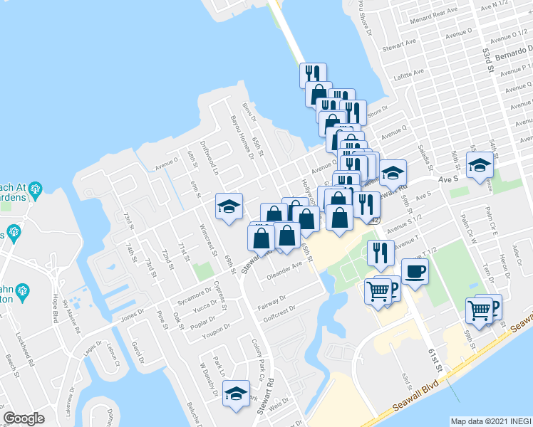 map of restaurants, bars, coffee shops, grocery stores, and more near 4401 Sidney Street in Galveston