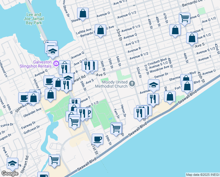 map of restaurants, bars, coffee shops, grocery stores, and more near 5501 Palm Circle in Galveston