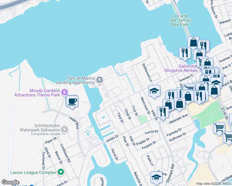 map of restaurants, bars, coffee shops, grocery stores, and more near 8 Clara Barton Lane in Galveston