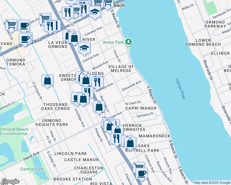 map of restaurants, bars, coffee shops, grocery stores, and more near 350 South Ridgewood Avenue in Ormond Beach