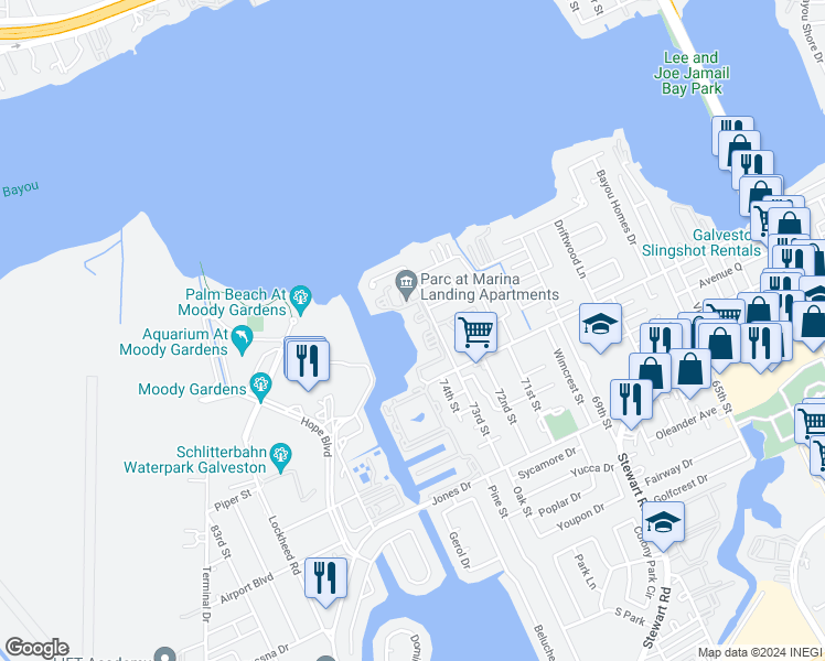 map of restaurants, bars, coffee shops, grocery stores, and more near 7302 Avenue P 1/2 in Galveston