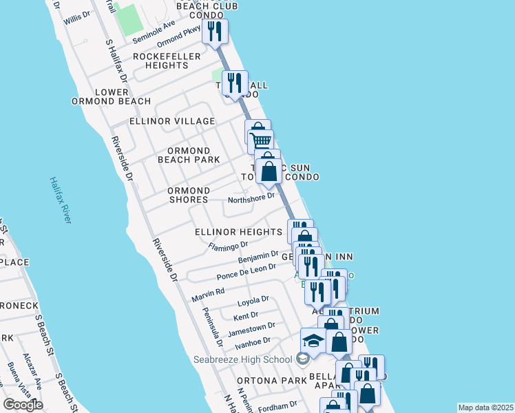 map of restaurants, bars, coffee shops, grocery stores, and more near 231 Cardinal Drive in Ormond Beach