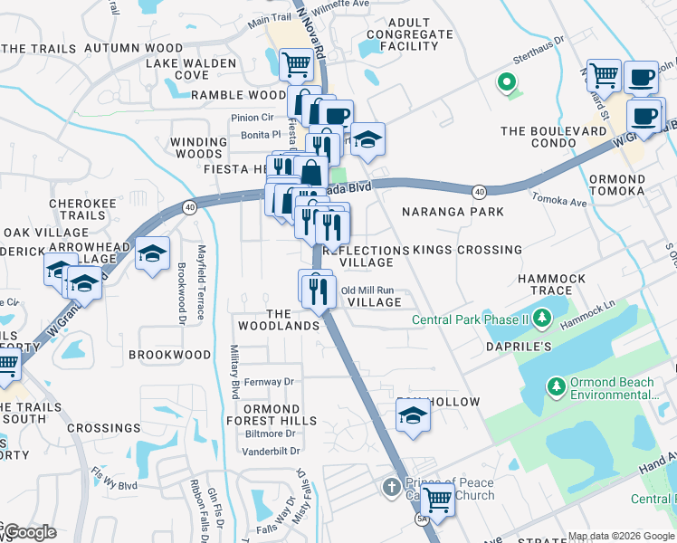 map of restaurants, bars, coffee shops, grocery stores, and more near 24 Oak Village Drive in Ormond Beach
