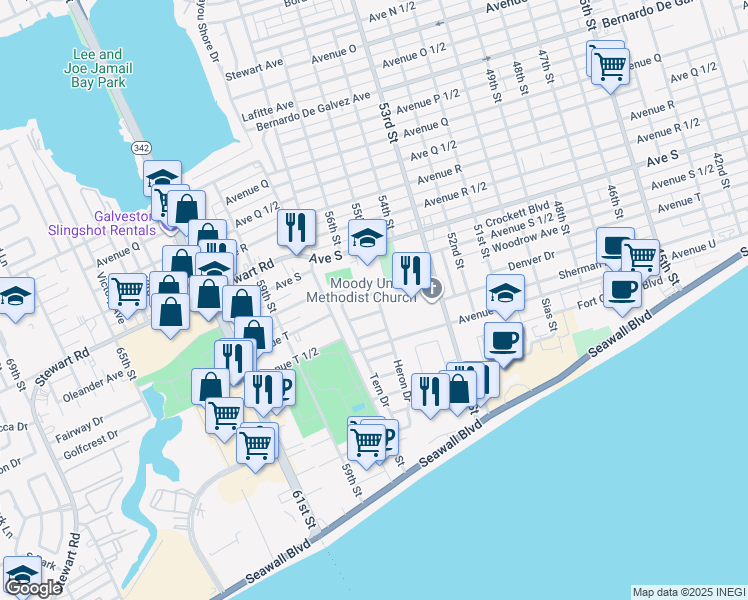 map of restaurants, bars, coffee shops, grocery stores, and more near 5501 Palm Circle in Galveston