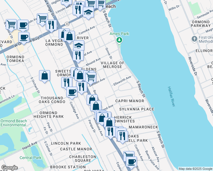 map of restaurants, bars, coffee shops, grocery stores, and more near 350 South Ridgewood Avenue in Ormond Beach