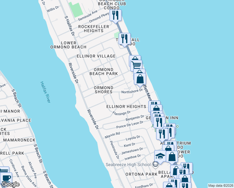 map of restaurants, bars, coffee shops, grocery stores, and more near 156 Northshore Drive in Ormond Beach