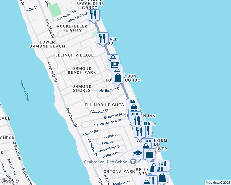 map of restaurants, bars, coffee shops, grocery stores, and more near 231 Cardinal Drive in Ormond Beach