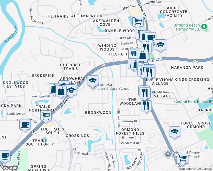 map of restaurants, bars, coffee shops, grocery stores, and more near 28 Mayfield Terrace in Ormond Beach