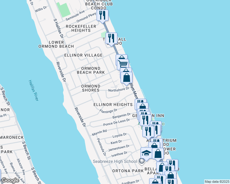 map of restaurants, bars, coffee shops, grocery stores, and more near 202 Northshore Drive in Ormond Beach