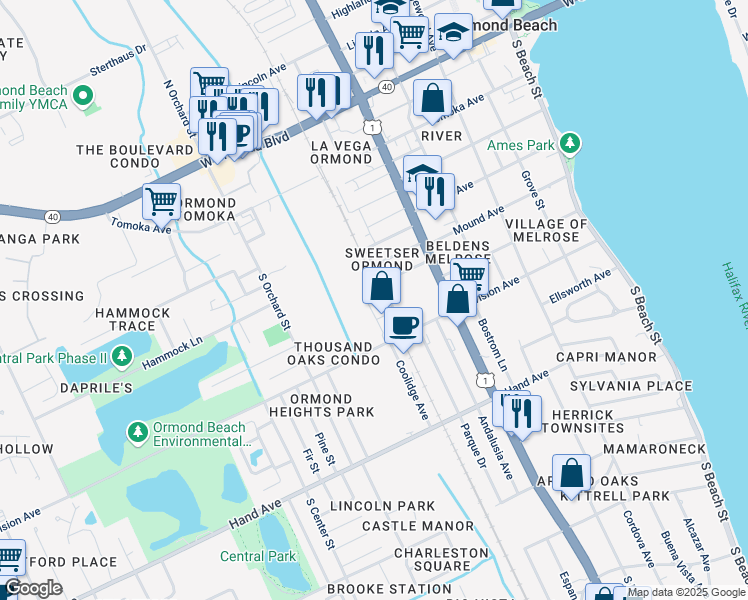 map of restaurants, bars, coffee shops, grocery stores, and more near 288 Railroad Street in Ormond Beach