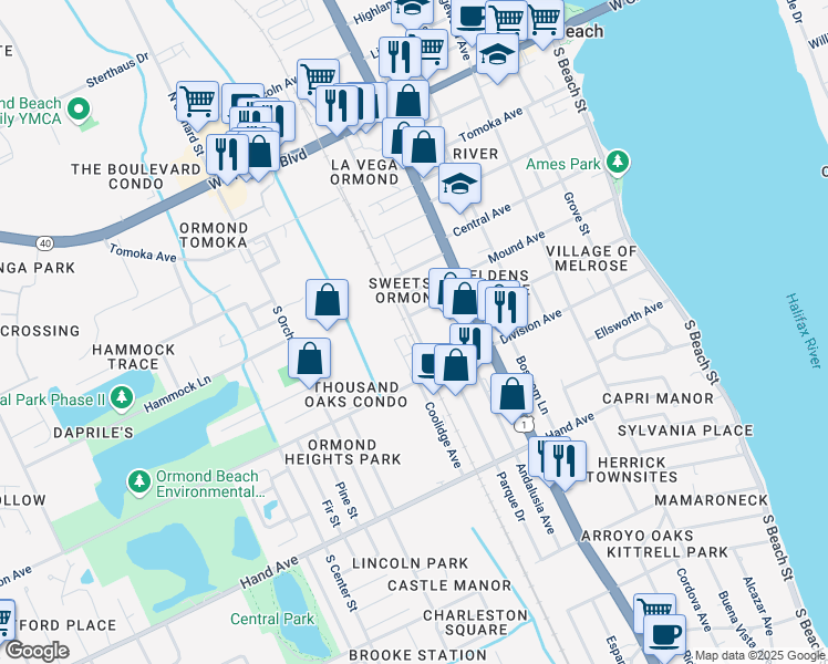 map of restaurants, bars, coffee shops, grocery stores, and more near 288 Railroad Street in Ormond Beach