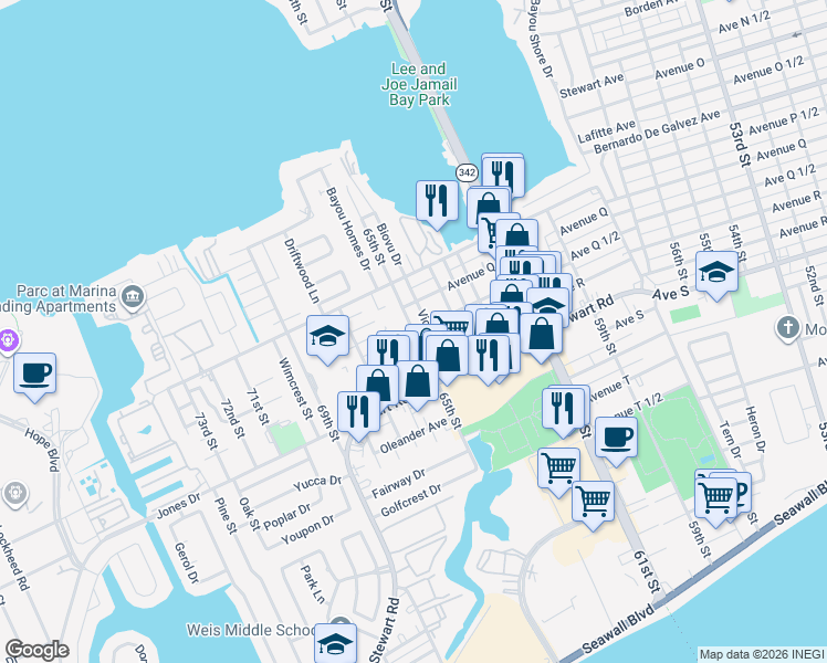 map of restaurants, bars, coffee shops, grocery stores, and more near 6598 Avenue Q 1/2 Rear in Galveston