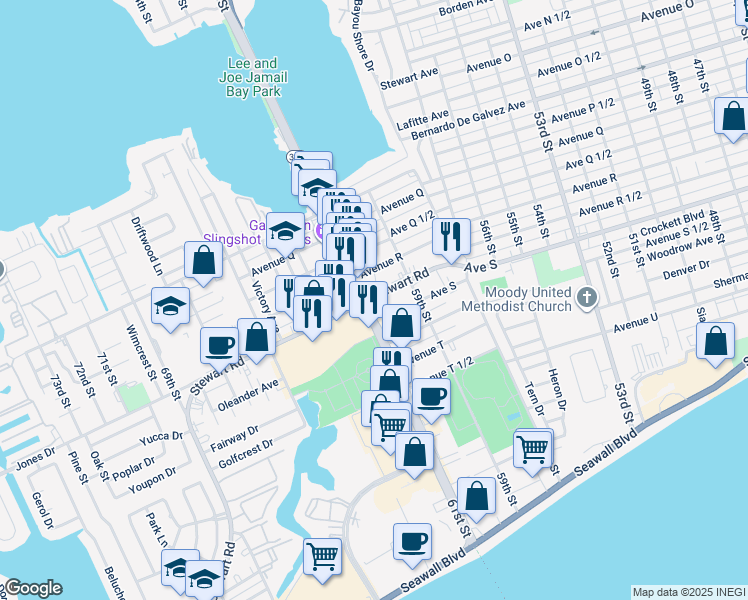 map of restaurants, bars, coffee shops, grocery stores, and more near 6027 Stewart Road in Galveston