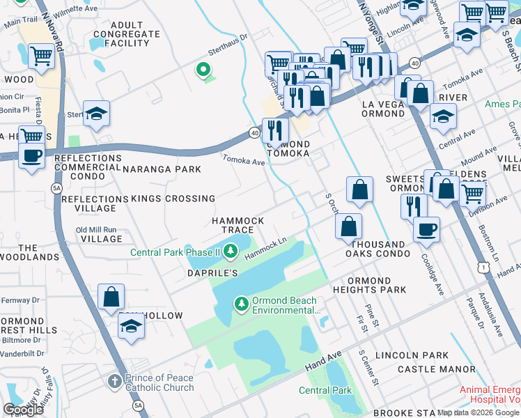 map of restaurants, bars, coffee shops, grocery stores, and more near 527 Sandy Oaks Boulevard in Ormond Beach