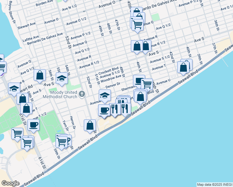 map of restaurants, bars, coffee shops, grocery stores, and more near 4819 Sherman Boulevard in Galveston