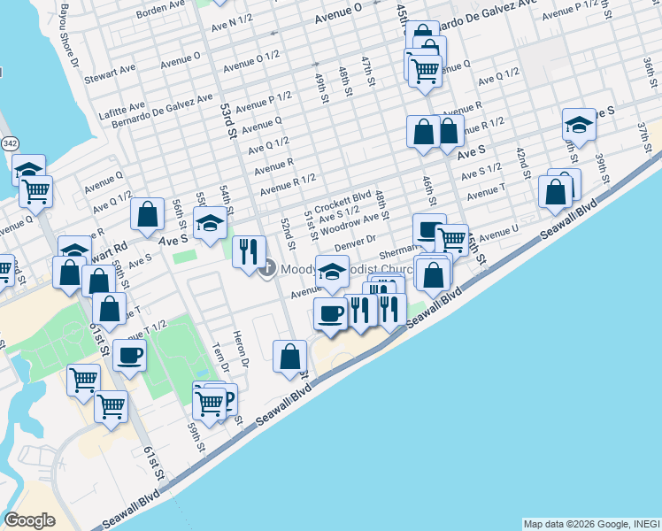 map of restaurants, bars, coffee shops, grocery stores, and more near 5017 Sherman Boulevard in Galveston