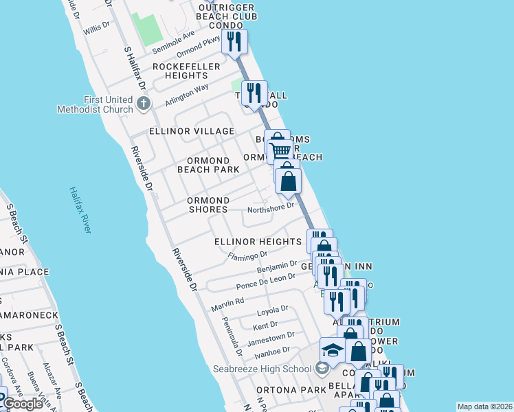 map of restaurants, bars, coffee shops, grocery stores, and more near 202 Northshore Drive in Ormond Beach