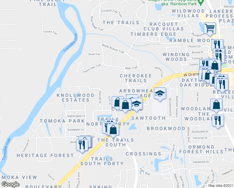 map of restaurants, bars, coffee shops, grocery stores, and more near 40 Soco Trail in Ormond Beach