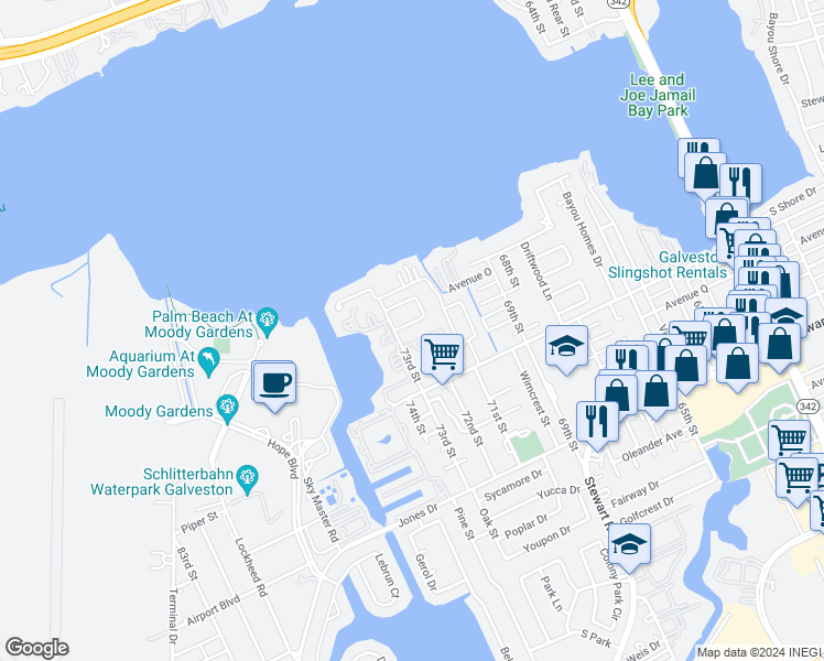 map of restaurants, bars, coffee shops, grocery stores, and more near 8 Clara Barton Lane in Galveston