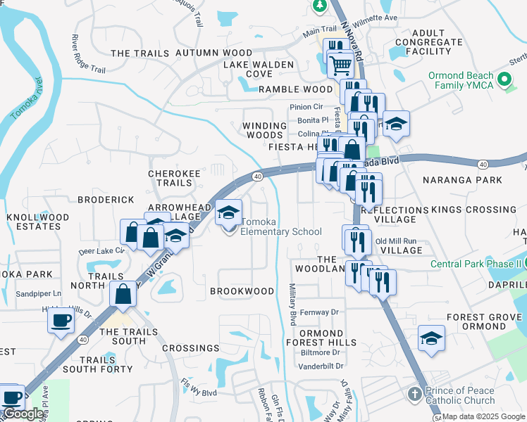 map of restaurants, bars, coffee shops, grocery stores, and more near 28 Mayfield Terrace in Ormond Beach