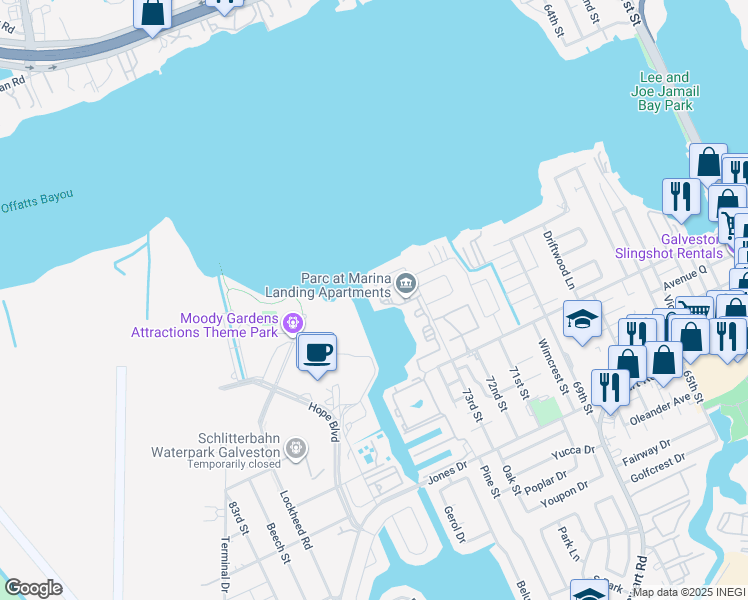 map of restaurants, bars, coffee shops, grocery stores, and more near 7302 Avenue P 1/2 in Galveston