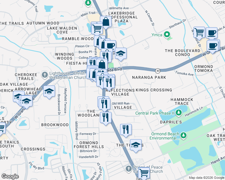 map of restaurants, bars, coffee shops, grocery stores, and more near 37 Reflections Village Drive in Ormond Beach