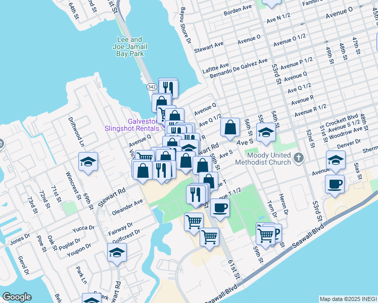 map of restaurants, bars, coffee shops, grocery stores, and more near 6027 Stewart Road in Galveston