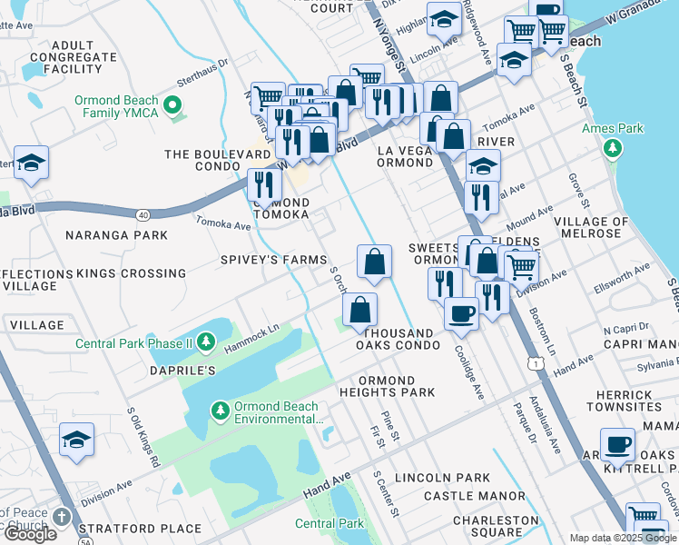 map of restaurants, bars, coffee shops, grocery stores, and more near 1 Fair Oaks Circle in Ormond Beach