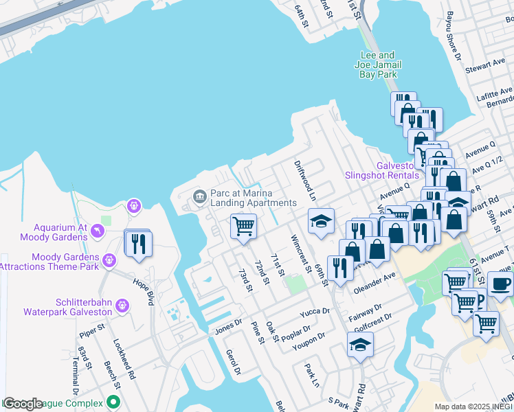 map of restaurants, bars, coffee shops, grocery stores, and more near 8 Back Bay Circle in Galveston