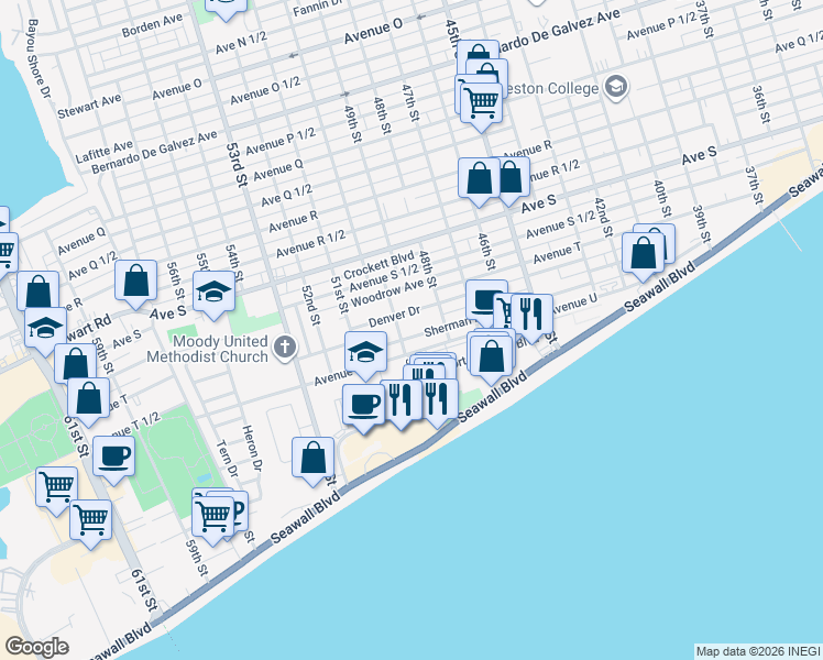 map of restaurants, bars, coffee shops, grocery stores, and more near 4810 Denver Drive in Galveston