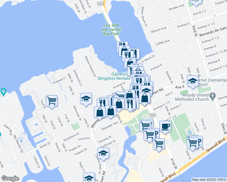 map of restaurants, bars, coffee shops, grocery stores, and more near 2012 Victory Avenue in Galveston
