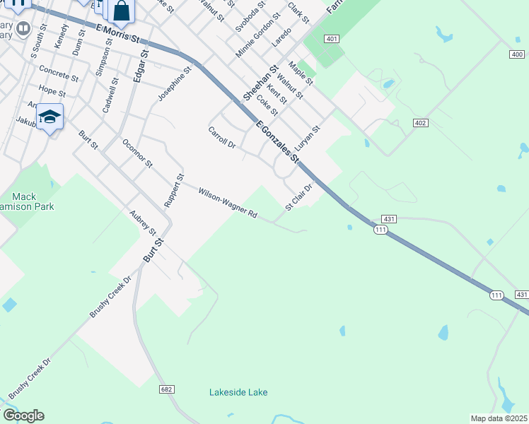 map of restaurants, bars, coffee shops, grocery stores, and more near 111 Wilson-Wagner Road in Yoakum