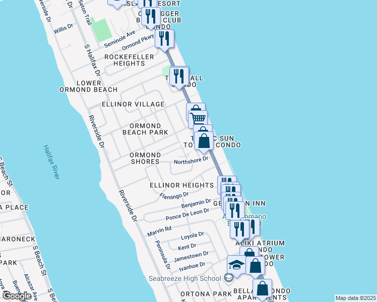 map of restaurants, bars, coffee shops, grocery stores, and more near 50 Chippingwood Lane in Ormond Beach