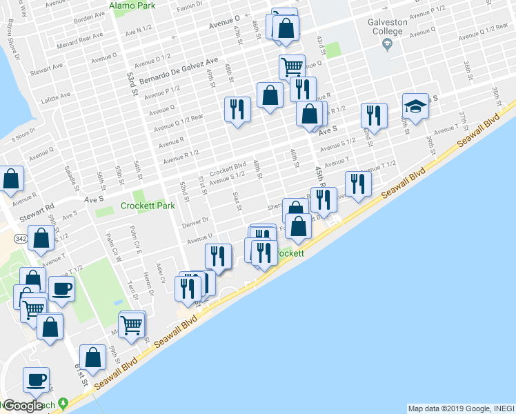 map of restaurants, bars, coffee shops, grocery stores, and more near 4808 Sherman Boulevard in Galveston